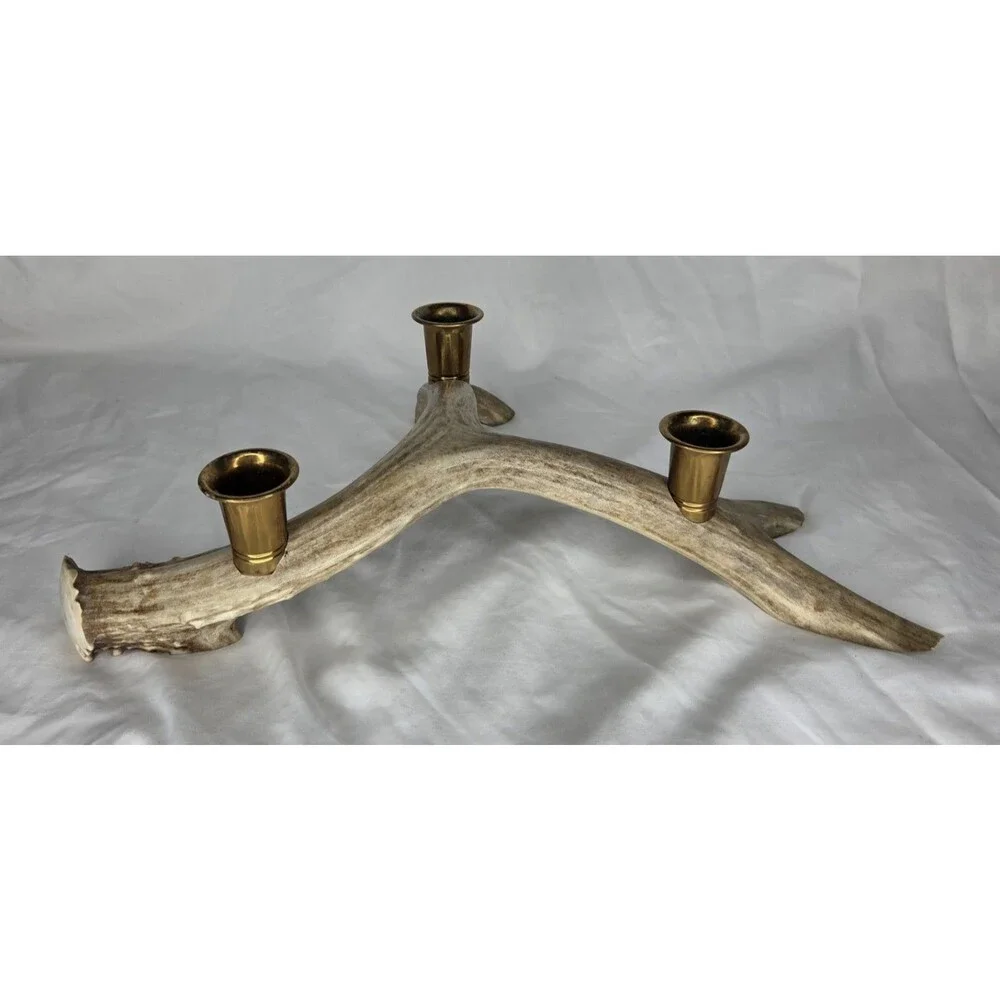 Vtg Genuine Rocky Mountain 4-Point Deer Antler Candle Holder Shed Lodge Cabin